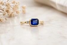 1.20 Ct Emerald Cut Natural Sapphire & Diamond Wedding Ring 14K Yellow Gold picture