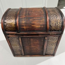 VTG Wooden Treasure Chest Bamboo Slats Embossed Floral Jewelry Box Latch - RARE picture