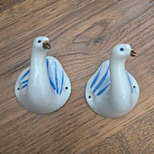 Vtg Takahashi San Francisco Ceramic Swan Wall Hooks Blue White Set of 2 JapanMCM picture