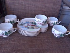 5 Hayasi Kutani Snack Trays & Eggshell Porcelain Teacups Pagoda & Mount Fugi picture