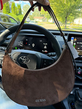 GUESS Crescent Brown Shoulder Bag Zip Closure Brown Hardware Lined Bag Charm picture