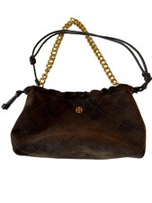 Tory Burch Suede Brown Quilted Drawstring Shoulder Bag Gold Chain, Medium picture