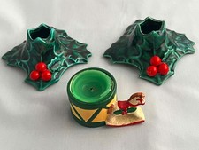 3 Vintage Christmas Candle Holders- Lefton Holly Berry & Enesco picture