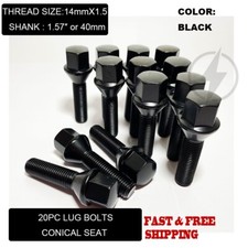 20PC 14X1.5 THREAD CONICAL SEAT LUG BOLTS 1.57'' 40MM BLACK FIT AUDI MERCEDES picture