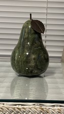 Italian Green Alabaster Marble Pear With Decorative Leaf 7in Tall picture