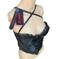 NWT ROMWE Lace-Up Bustier Corset Crochet Floral Print Lingerie XL Black Gothic picture
