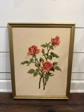 Vintage Framed Rose Crewel Wall Art Retro Floral Hand-Stitched Art 15x19 picture