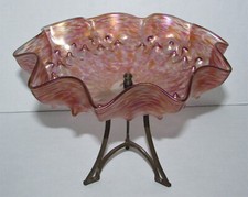 Antique Bohemian Iridescent Art Glass Bowl on Metal Mount  picture