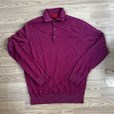 Isaia Napoli Polo Shirt Mens M 100% Cashmere Long Sleeve Maroon Made in Italy picture