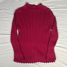 Jeanne Pierre Fuchsia Pink Mock Neck Scalloped Trim Cotton Cable Knit Sweater L picture