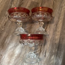 3 Tiffin Glass Kings Crown Thumbprint Compote, Indiana Glass, Cranberry Glass picture