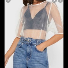NWOT Topshop Ivory Sheer Short Sleeve Top Size 2 picture
