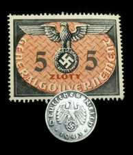 German WWII Rare 1 Rp Zinc Coin (1940-1945) & 5 Zloty Stamp MNH Historical Set picture