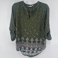 Pink Republic Olive Green Floral Print Roll-Tab Sleeve Blouse Top Women's picture