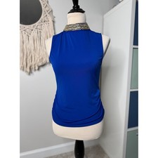 Women's vintage y2k Moa Moa Royal Blue Glam Gold Chain High Neck Going Out Top S picture