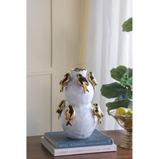 White Ceramic Two-Tier Vase with Gold Bird Accents, 8.5x8.5x14