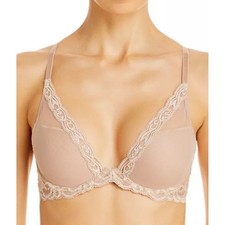 Natori Feathers Contour Plunge Bra 32G Cosmetic Beige Lace Underwire 730023 NEW picture