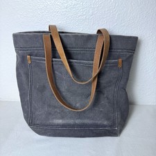 Madewell The Canvas Medium Transport Tote In Distressed Gray Brown Leather Strap picture