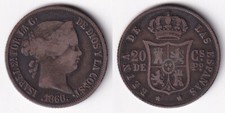 1868 Spanish Philippine ISABEL II 20 Centimos De Peso SILVER Coin - Stock #C16 picture