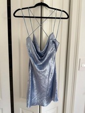 Zara Blue Metallic Crinkle Cowl Neck Slip Mini Dress XS picture