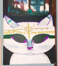 Hand-Painted Cat Face Painting, Contemporary Animals Art, B/W/P/G picture