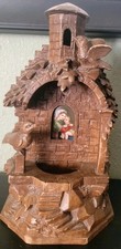 Antique german Black Forest Carved Wood  Holy Water Font With Porcelain Madonna picture