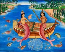 Rigaud Benoit : Les Sirènes : 2 Mermaids in Boat : Haitian Voodoo Folk Art Print picture