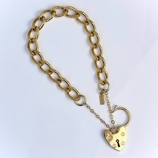 18K GL Solid Vintage Style Faceted Curb Yellow Gold Bracelet with Heart Padlock picture
