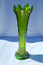 ANTIQUE NORTHWOOD GREEN CARNIVAL GLASS 11 INCH TREE TRUNK VASE picture