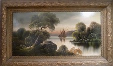 UNSIGNED BRITISH ARTIST SAILING SHIP ON THE LAKE AT SUNSET. picture