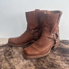 Men’s Frye Harness Boots 8R Brown Size 8.5 Tan Soles Pebbled Leather Square Toe picture