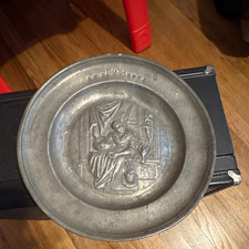 Vintage Relief Pewter Wall Hanging Plate - 1808 Dutch Water Seller Scene picture