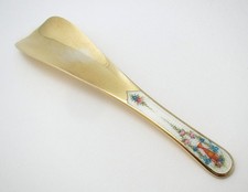 Rare Antique Solid Sterling Silver Gilt Guilloche Flower White Enamel Shoehorn picture