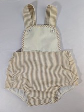 Vintage 1980s Baby Togs Seersucker Bubble Romper Tan Striped Sunsuit 12 Months picture