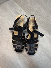 Korks Women's Black Leather Gladiator Strappy Ankle Buckle Wooden Block Heel picture