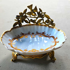 Vintage Matson Porcelain Soap Trinket Dish Bird Dogwood Gold Ormolu Regency picture
