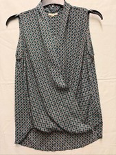 Pleione Womens Printed Top Sz Large Blue Orange Sleeveless Draped Blouse picture