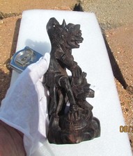 🔥 Antique  Hindu rose Wood Sculpture Hanuman Fighting Surasa Snake Statue VIDEO picture