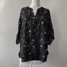 Bloomchic Size 14-16 Black Metallic Gold Starry Stars Whimsy Split Neck Blouse picture