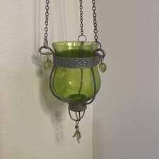 VTG Moroccan Green Glass Hanging Votive Tealight Candle Holder Lantern Boho picture