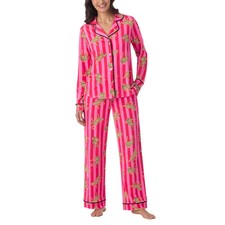 Room Service Women's Notch Collar Pajama Set Pink Blue Green Stretch Polyester picture