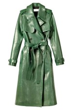 Women’s Full Length Genuine Green Leather Trench Coat Long Overcoat Jacket picture