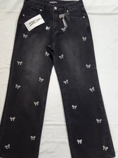 Ashley Mason Women's Black Bedazzled Bow Rhinestone Wide Leg Jeans Size 9/29 picture