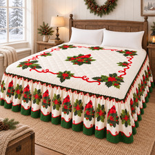 Christmas Cardinal Holly King Bedspread Quilted Ruffled Skirt 102 x 118 NEW picture
