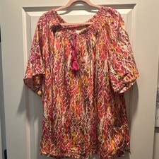 Davina Women’s Plus 3XL Pink Orange Abstract Cotton Scoop Neck Tassel Blouse picture