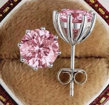 RARE 15 Ct Treated Certified Pink Diamond Solitaire Stud Earrings.925 Silver picture