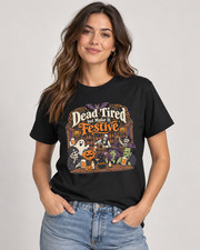 Dead Tired But Make It Festive Halloween Skeleton Bar T-Shirt Funny Spooky Tee picture