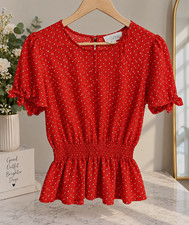 TULLAMORE Red/White Polka Dot Chiffon Puff Sleeve Blouse L Round Neck Bow picture
