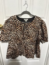 Cato Women's Plus 22/24W Brown Black Leopard Print Tie Front Puff Sleeve Blouse picture