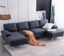Ktaxon Modern U-Shape Sectional Sofa, Soft Linen Fabric Sectional Couch, Double picture